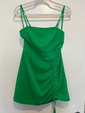 superdown Bright Green Ruched Mini Dress with Double Spaghetti Straps